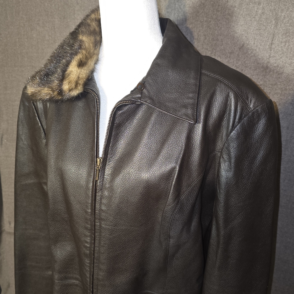 My Weekend Clothes Brown Leather Jacket Removeable Faux Fur Collar Size Large - Picture 6 of 16